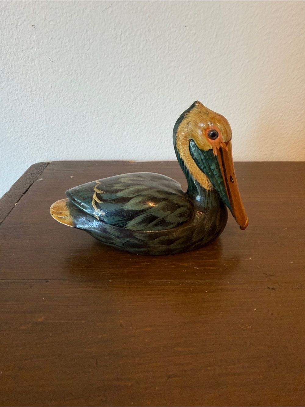 Hand-Painted Wooden Pelican Figurine in Green and Tan
